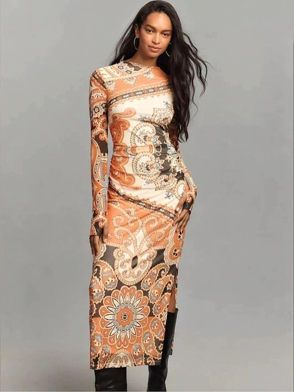 Farm Rio Long Sleeve Mock Neck Mesh Slim Dress